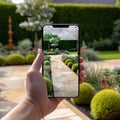 Hands holding smartphone taking photo of landscaped garden. All screen graphics are made up