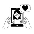 Hands holding smartphone with woman talking love