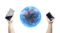 Hands Holding Smartphones With 3D Rendering Of Realistic Earth Planet Globe Royalty Free Stock Photo