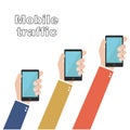 Hands holding smartphones. Mobile traffic