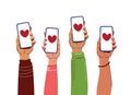 Hands holding smartphones. People Interacting on social media or network. Online communication flat vector illustration