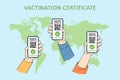 Hands holding smartphones with the QR code of the health passport, Covid-19 immune passports or digital green pass vaccine