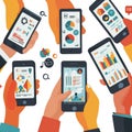 Hands Holding Smartphones Showing Data Visualizations and Infographics Royalty Free Stock Photo