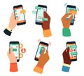 Hands holding smartphones. Social networking, mobile app, or communication concept. Male and female hands with gadgets