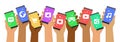 Hands Holding Smartphones up With Icons Representing Social Media Apps on Its Screens