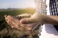 Hands holding soil in agricultural field.