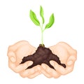 Hands Holding Soil with Green Young Plant Growing Vector Illustration