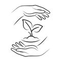 Hands holding soil with plant. Vector sign of environment protection, ecology concept symbol Royalty Free Stock Photo