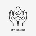 Hands holding soil with tree flat line icon. Vector thin sign of environment protection, ecology concept logo