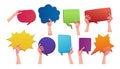 Hands holding speech bubbles, social chatting
