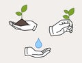 Hands holding sprout, leaf, saving water drop icon