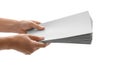 Hands holding a stack of blank white paper sheets Royalty Free Stock Photo