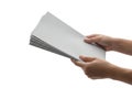 Hands holding a stack of blank white paper sheets Royalty Free Stock Photo