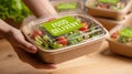 Hands holding stack of three brown plastic takeout containers with fresh green salad and tomatoes Royalty Free Stock Photo