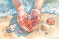 Hands holding starfish on sandy beach with shells and sea in background, watercolor illustration Royalty Free Stock Photo