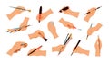 Hands holding stationery. Paint brush and palette. Draw and write. Painter arms set. Artist artwork. Paintbrush and
