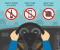 Hands holding steering wheel. Do not drink alcohol, use mobile phone and eat or drink while driving.