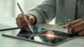 Businessperson using stylus on tablet AI data visualization futuristic technology modern workspace innovative concept Royalty Free Stock Photo