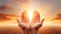 Hands holding the sun, sunrise. Freedom, faith, and spirituality concepts. Generative AI Royalty Free Stock Photo