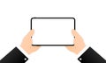 Hands holding tablet computer with blank screen. Business concept. Flat design concept. Vector on isolated background. Eps 10 Royalty Free Stock Photo