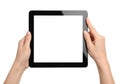 Hands holding a tablet computer with a blank screen isolated on white background Royalty Free Stock Photo