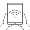 Hands holding tablet computer linear icon