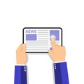 Hands holding tablet computer with news icon on the screen.. Flat design concept on isolated background. Eps 10 vector. Business Royalty Free Stock Photo