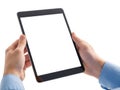 Hands holding tablet device isolated on white background Royalty Free Stock Photo