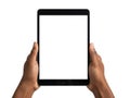 Hands holding tablet device isolated on white background Royalty Free Stock Photo