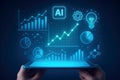 Hands holding a tablet displaying AI and business analytics data visualizations Keywords: AI, artificial intelligence, data, Royalty Free Stock Photo