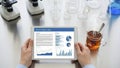 Hands Holding Tablet Displaying Financial Data and Charts in Laboratory Setting Royalty Free Stock Photo