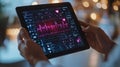 Hands holding a tablet displaying health data with a dynamic heartbeat monitor