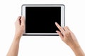 Hands holding tablet horizontal on white background. clipping pa