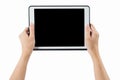 Hands holding tablet horizontal on white background. clipping pa