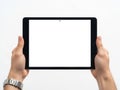 Hands holding tablet isolated on white background Royalty Free Stock Photo