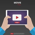 Hands holding tablet. Man watch online movie at his tablet screen concept. Cinema time template, vector illustration Royalty Free Stock Photo