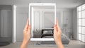 Hands holding tablet showing classic bedroom with large window, total blank project background, augmented reality concept, Royalty Free Stock Photo