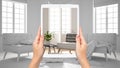 Hands holding tablet showing modern living room, total blank project background, augmented reality concept, application to Royalty Free Stock Photo