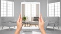 Hands holding tablet showing modern living room, total blank project background, augmented reality concept, application to