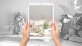 Hands holding tablet showing vintage retro living room, total blank project background, augmented reality concept, application to