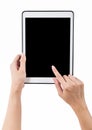 Hands holding tablet vertical white background. use clipping pat