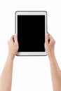 Hands holding tablet vertical white background. use clipping pat