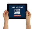 Hands holding tablet with web hosting concept on screen