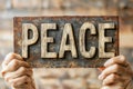 Hands holding textured PEACE sign in close up rustic background emphasizing unity harmony call for global serenity