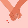 Hands holding together. Cartoon romantic doodle postcard, couple relationship family love concept. Vector illustration