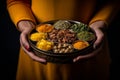 Hands holding a traditional Indian spice box (Masala Dabba) with curcuma as a centerpiece. Generative AI Royalty Free Stock Photo