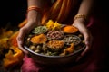 Hands holding a traditional Indian spice box (Masala Dabba) with curcuma as a centerpiece. Generative AI Royalty Free Stock Photo