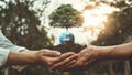 Hands holding a tree growing on the Earth Royalty Free Stock Photo