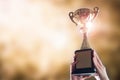 Hands holding trophy cup on gold blurry bokeh background. Royalty Free Stock Photo