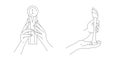 Hands Holding Trophy Cup vector line illustration in two foreshortening gesture positions, realistic sketch graphic, sport or